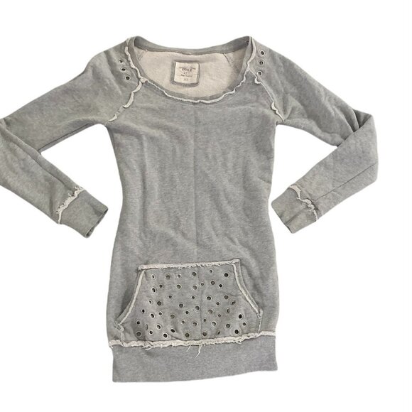 ONLY US 0-2/EU XS Raw Seam Grommet Tunic Kangaroo Pocket Sweatshirt Gray #181N - Picture 1 of 10